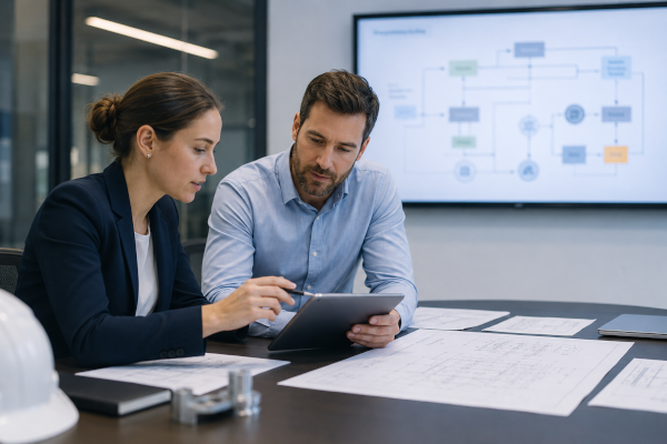 Engineers reviewing a plan, tablet or operational process. Service orchestration model