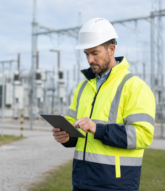 Engineer using a tablet during field operations service orchestration model